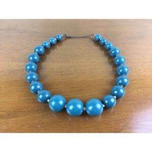 Vintage Teal And Gold Chunky Wood Bead Necklace 23” Mid Century Casual Fashion